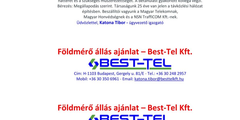 Földmérő állás ajánlat Best Tel insta