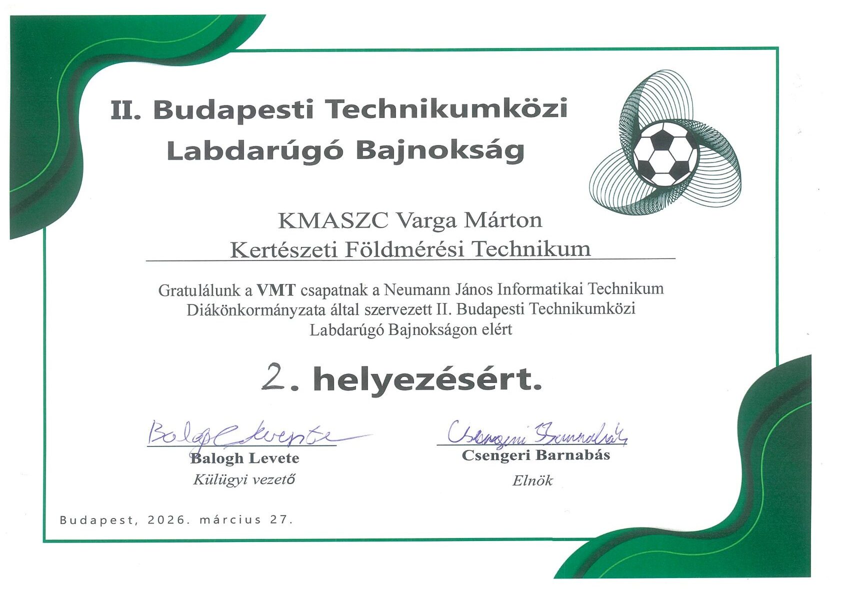 Labdarúgó bajnokság 2 dik hely 2026