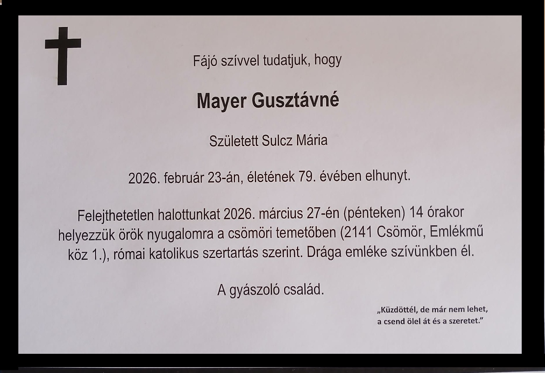 Mayer gusztávné gyászhír 2026