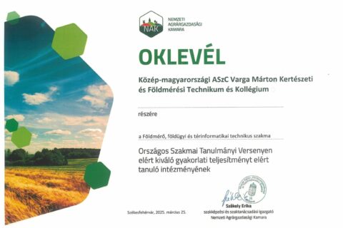 Oklevél 2025 - a kiváló gyakorlati oktatásért Varga Márton Technikumnak - Nemzeti Agrárgazdasági Kamarától